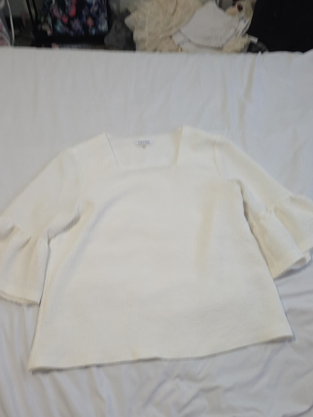 Calvin Klein Ivory Textured Square-Neck Bell Sleeve Blouse